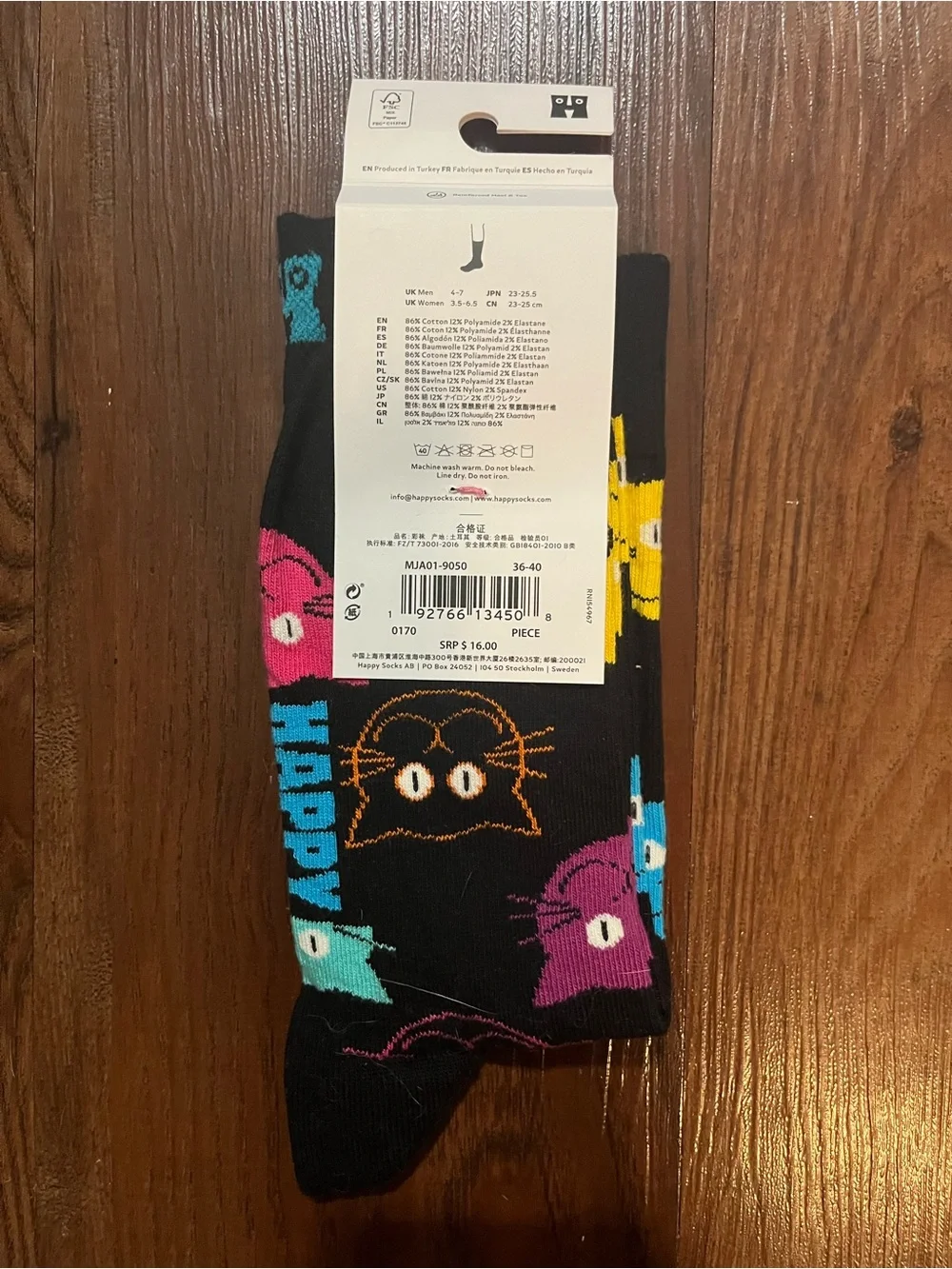 Happy Socks Black Crew Socks with Multicolor Cat Faces Women’s Shoe Size 5.5-7.5